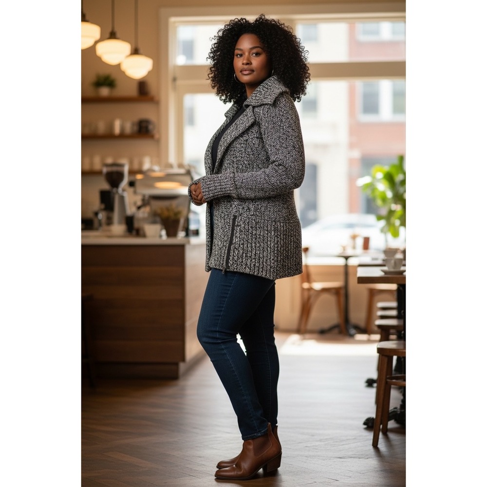 Club Monaco Knit Zipper Cardigan Sweater Jacket Charcoal Gray M Medium Chunky
